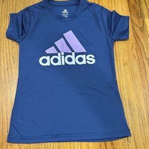 Adidas activewear short sleeve shirt. Blue with purple & white logo. Girls S 7-8